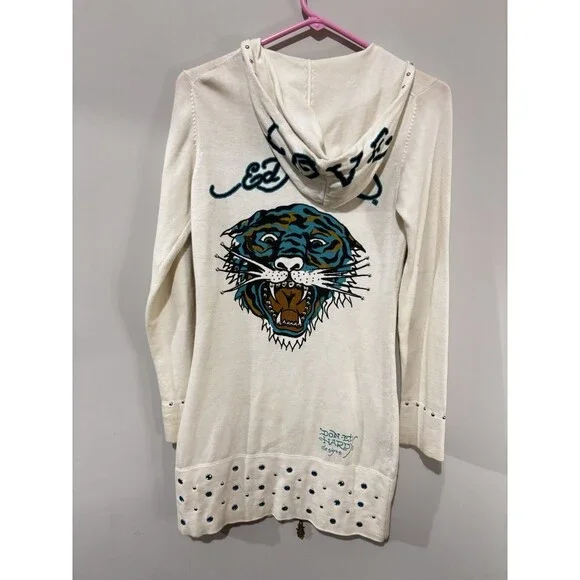 Ed Hardy by Christian Audigier White Women’s Zipped Hoodie Dress Tiger - Picture 4 of 8